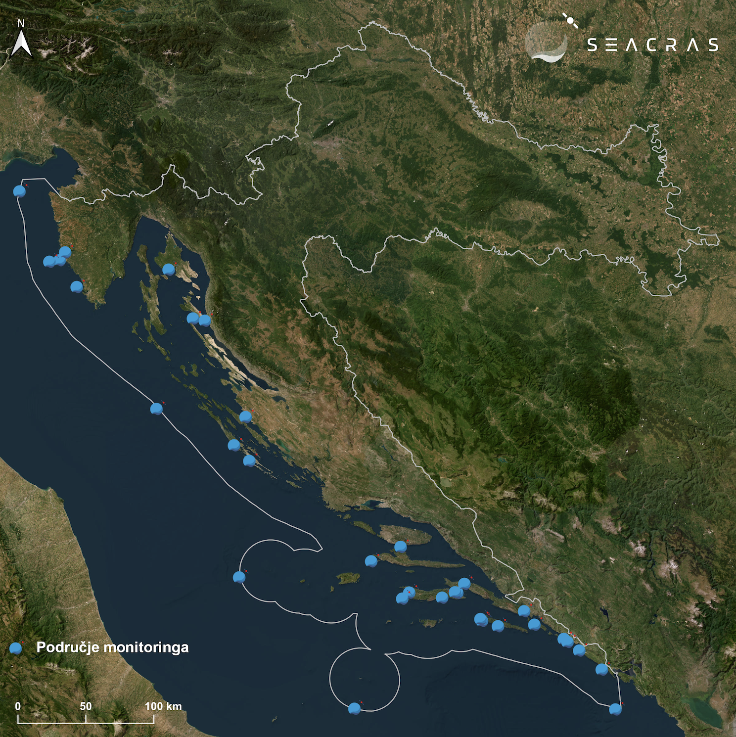 satelitska slika pokrivenosti Jadrana SeaCrasovim monitoringom. / Satellite coverage of the Croatian coast with the goal of protecting the Adriatic