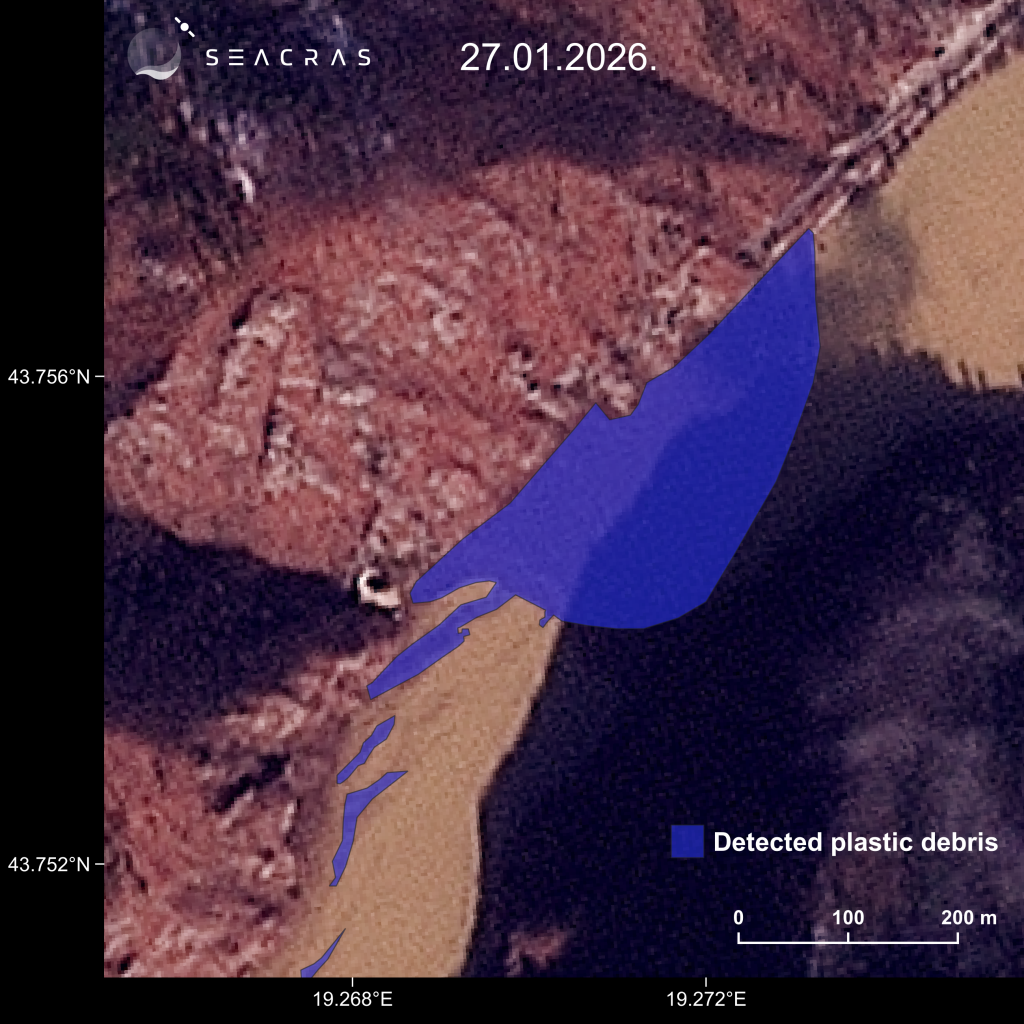 Satellite image of the Drina river pollution detection of plastic debris and its trash island (detected and processed using SeaCras' Coastal Intelligence) in the Višegrad area, eastern Bosnia and Herzegovina.