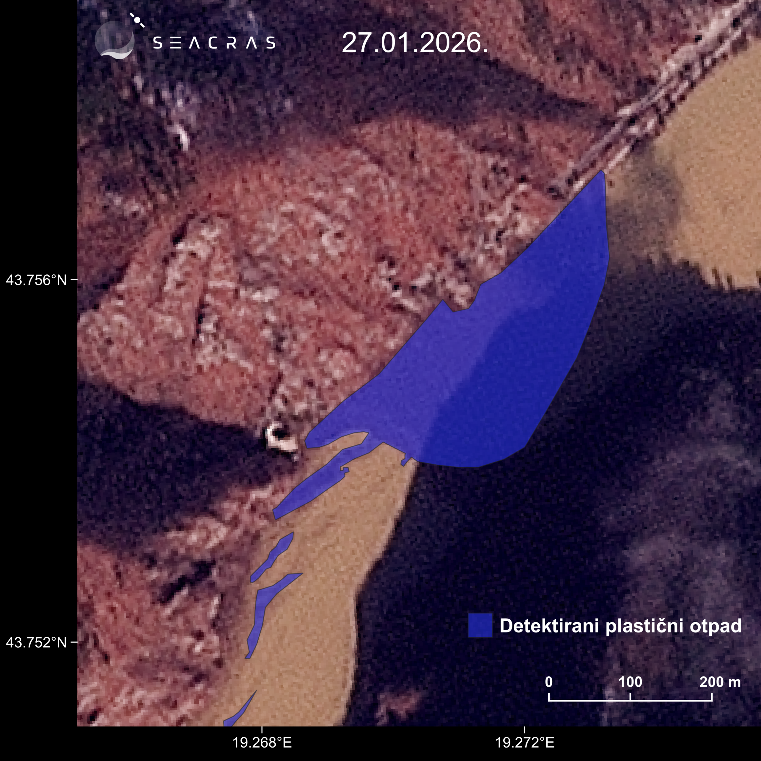 Satelitska snimka onečišćenja rijeke Drine i otoka smeća 27. siječnja 2026. na području Višegrada, Bosna i Hercegovina. Satelitska snimka je obrađena sustavom Coastal Intelligence.