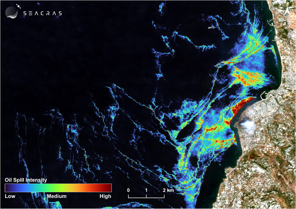 Satellite-derived view of the incident in the coastal region; oil pollution intensity detected by SeaCras' Coastal Intelligence