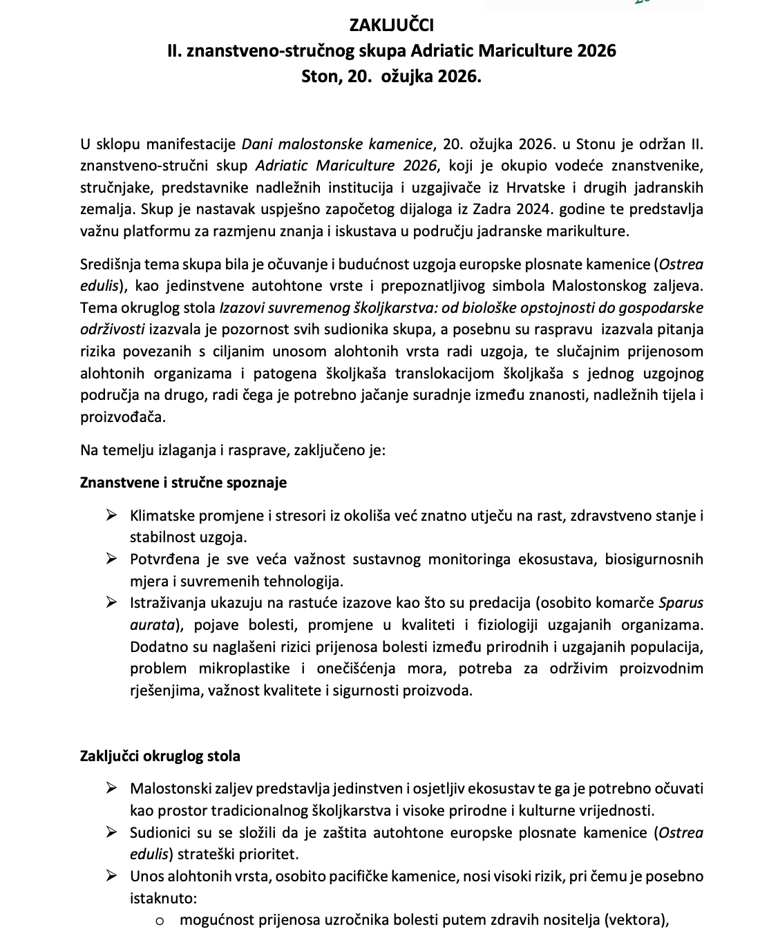 Conclusions of the Adriatic Mariculture 2026 conference; part 2.