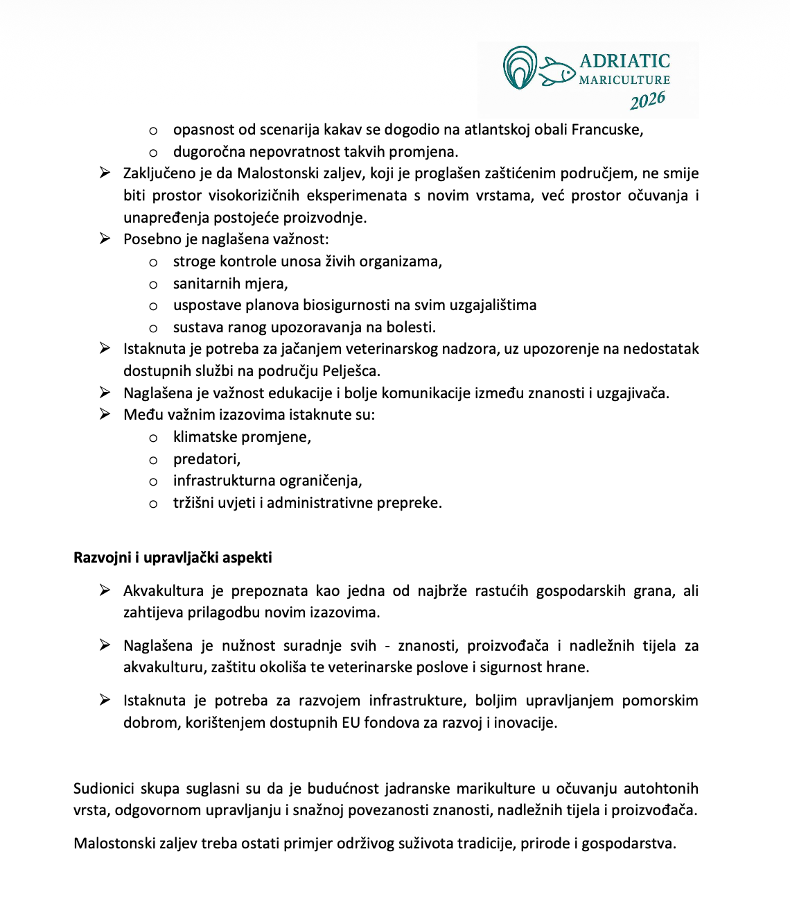 Conclusions of the Adriatic Mariculture 2026 conference.