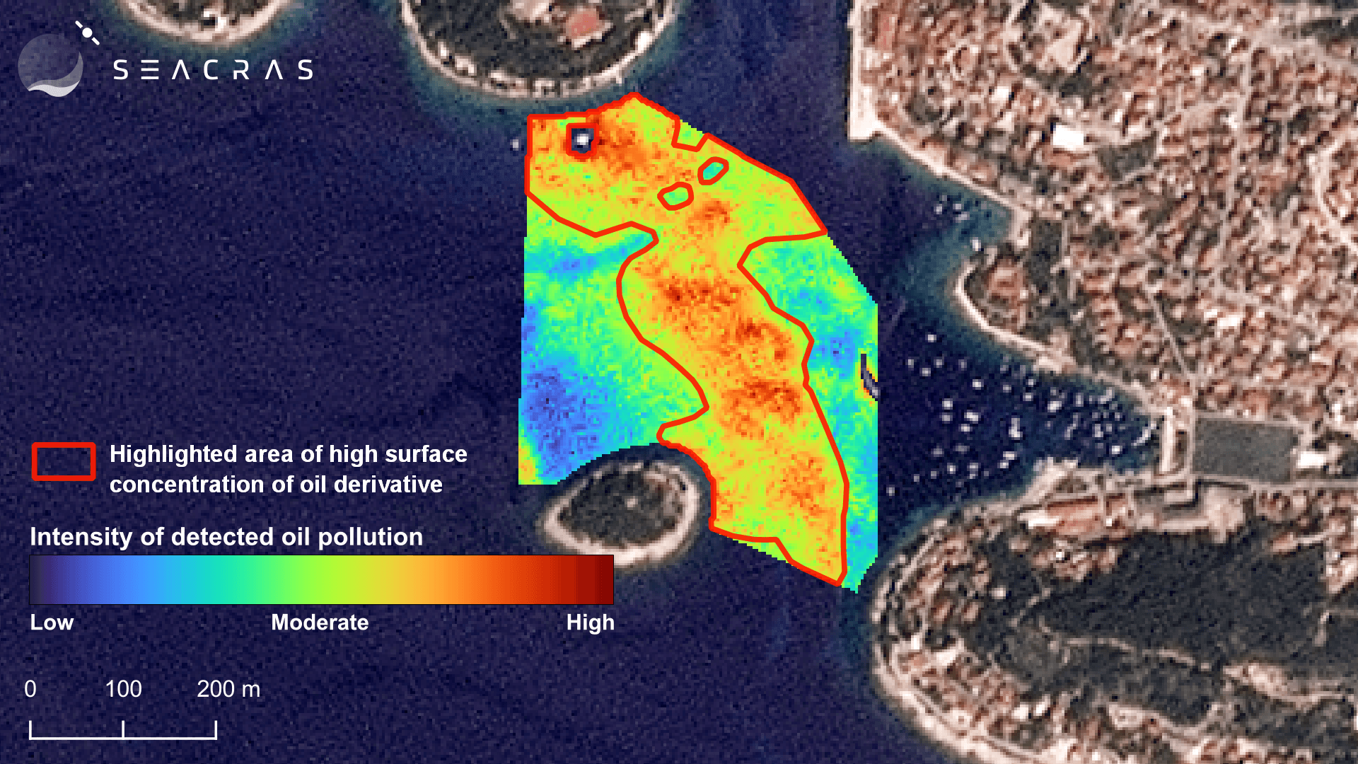 Satellite-derived view of the incident in Hvar coastal region, oil pollution intensity detected by SeaCras' Coastal Intelligence.