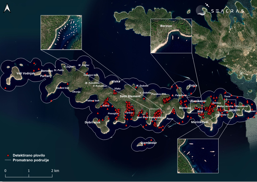 Satellite image showing vessel detection around Hvar and the Pakleni Islands during nautical tourism pressure analysis.